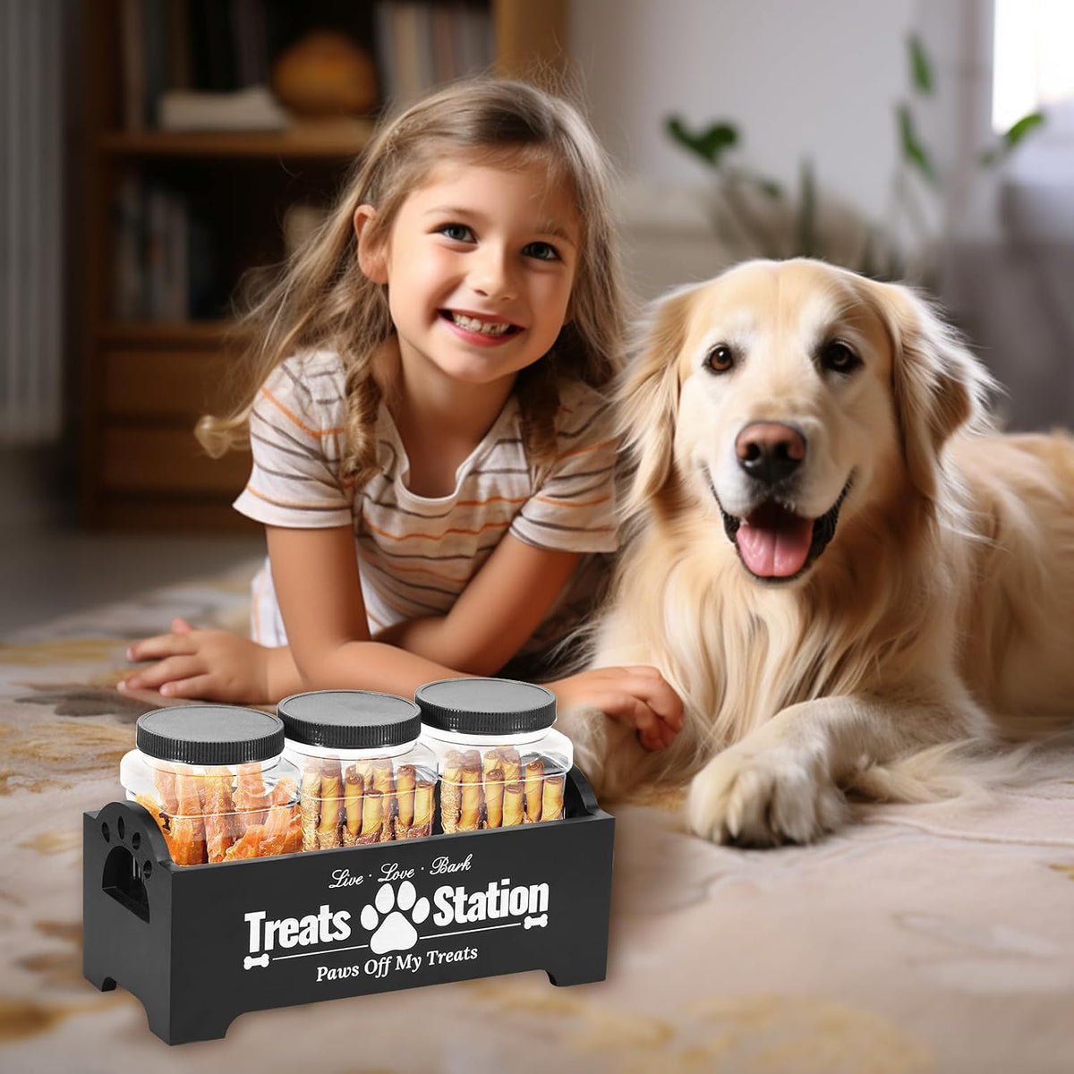 Dog Treat Container, Food Storage Container with 3 Plastic Dog Treat Jars, Reusable Cat Treat Container, Pet Treat Storage Organizer, Wood Dog Treat Holder, Dog Food Container for Dog Cat(Black)