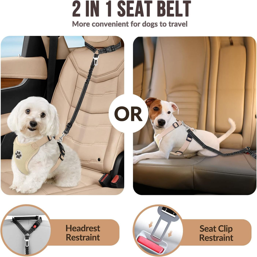 2 Pack Dog Seat Belts for Cars, Adjustable Pet Car Safety Harness with Headrest Restraint & Seatbelt Clip, Reflective Elastic Dog Travel Belt