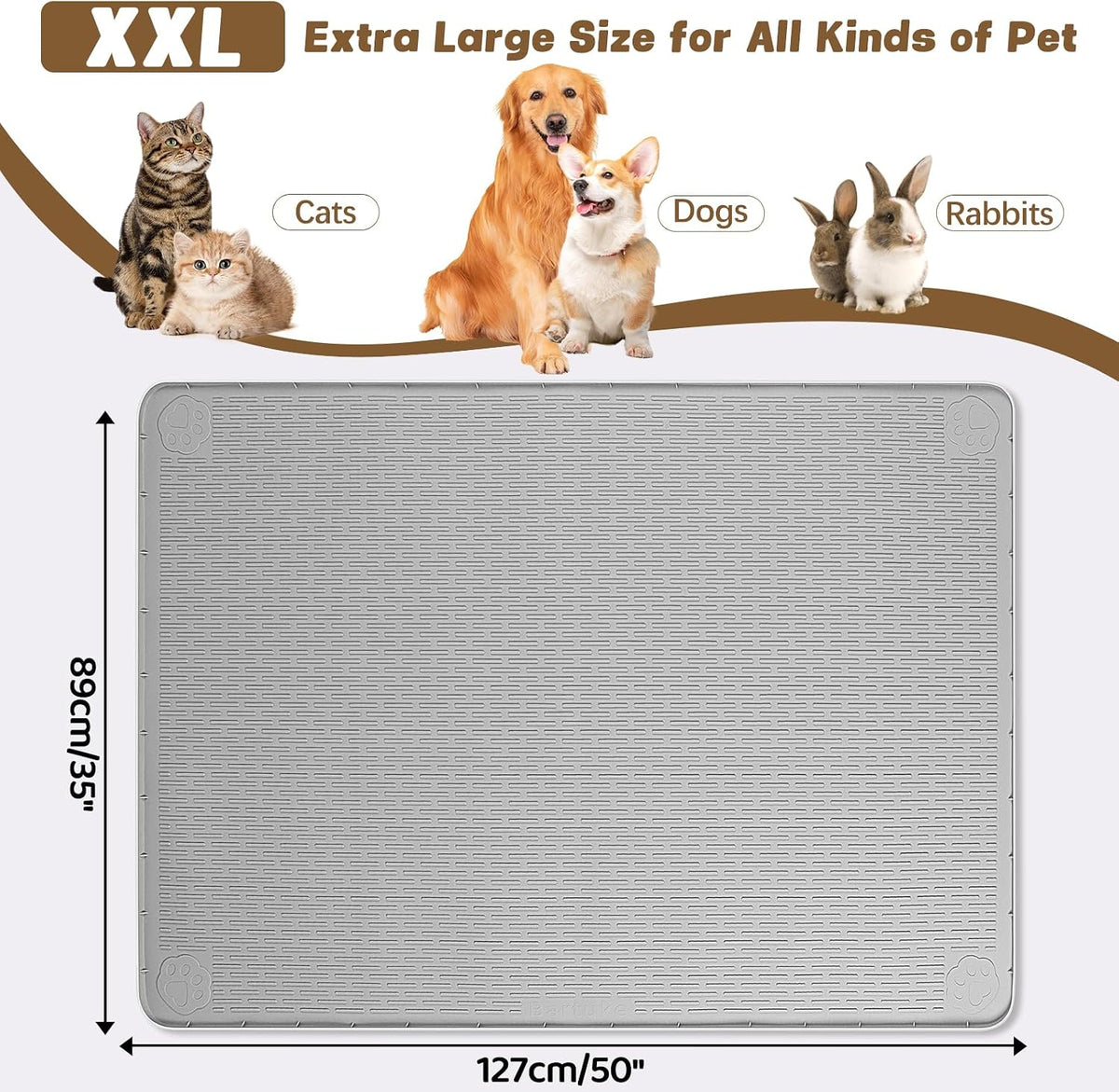 Cat Food Mat Extra Large Silicone Pet Bowl Mat 127X89Cm, Light Grey