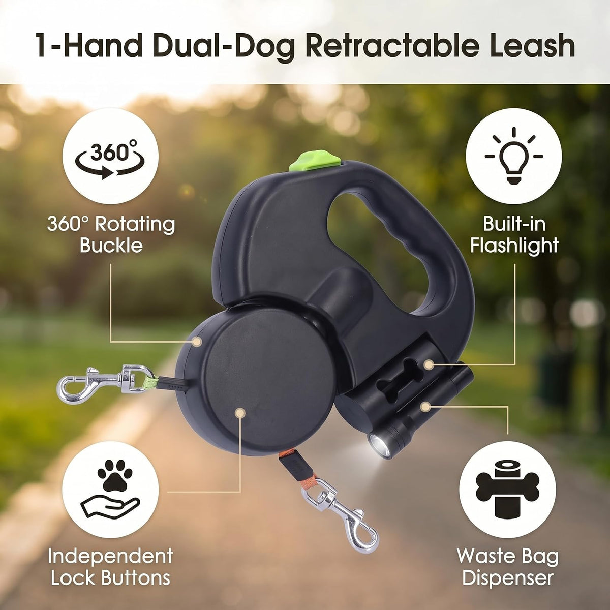 Automatic Retractable Pet Leash, 1 Tow 2 Retractable Double Dog Leash for Small Medium Dogs Cats up to 55Lb Walking Leash with Flashlight and Bag Dispenser