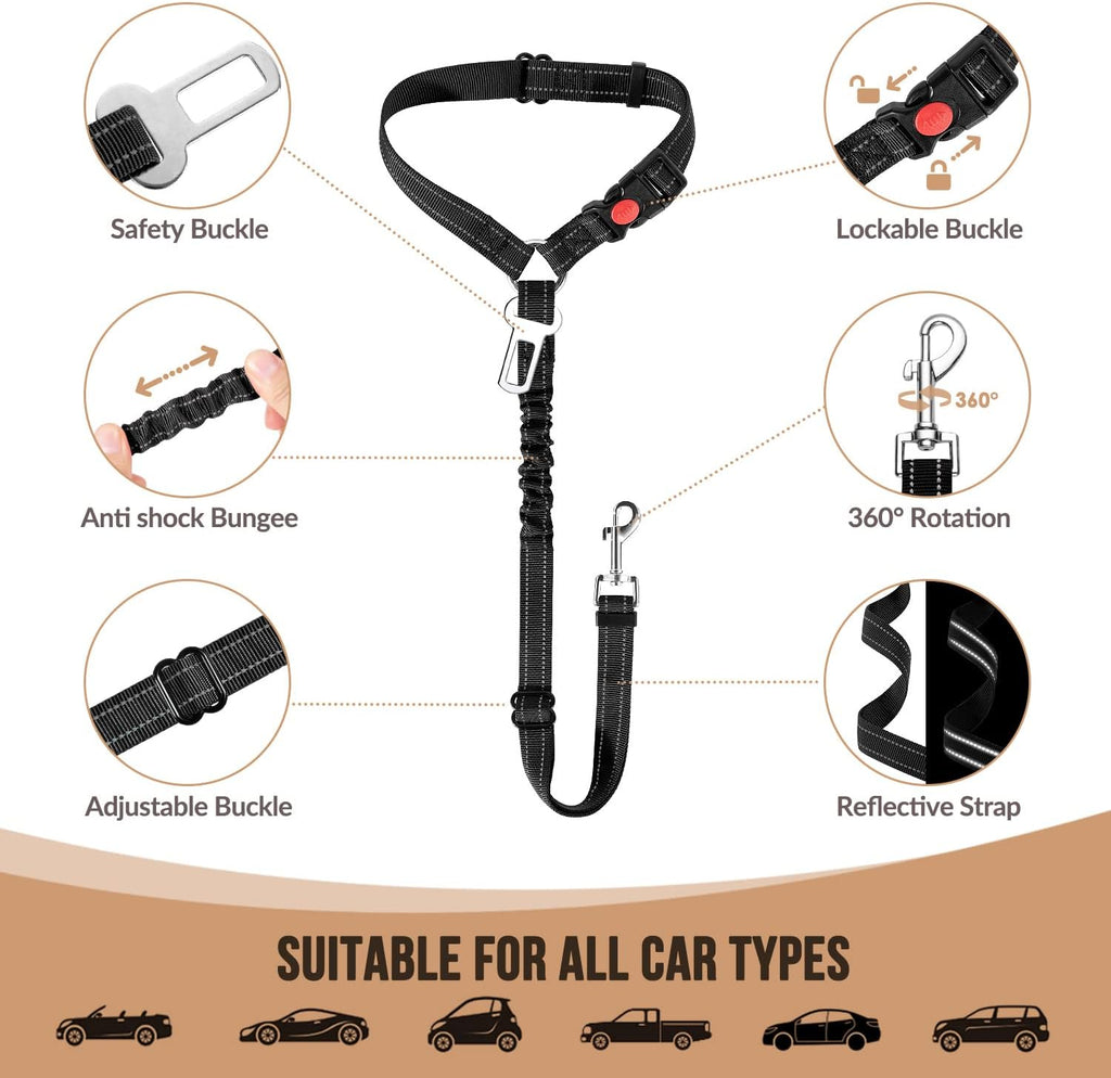 2 Pack Dog Seat Belts for Cars, Adjustable Pet Car Safety Harness with Headrest Restraint & Seatbelt Clip, Reflective Elastic Dog Travel Belt