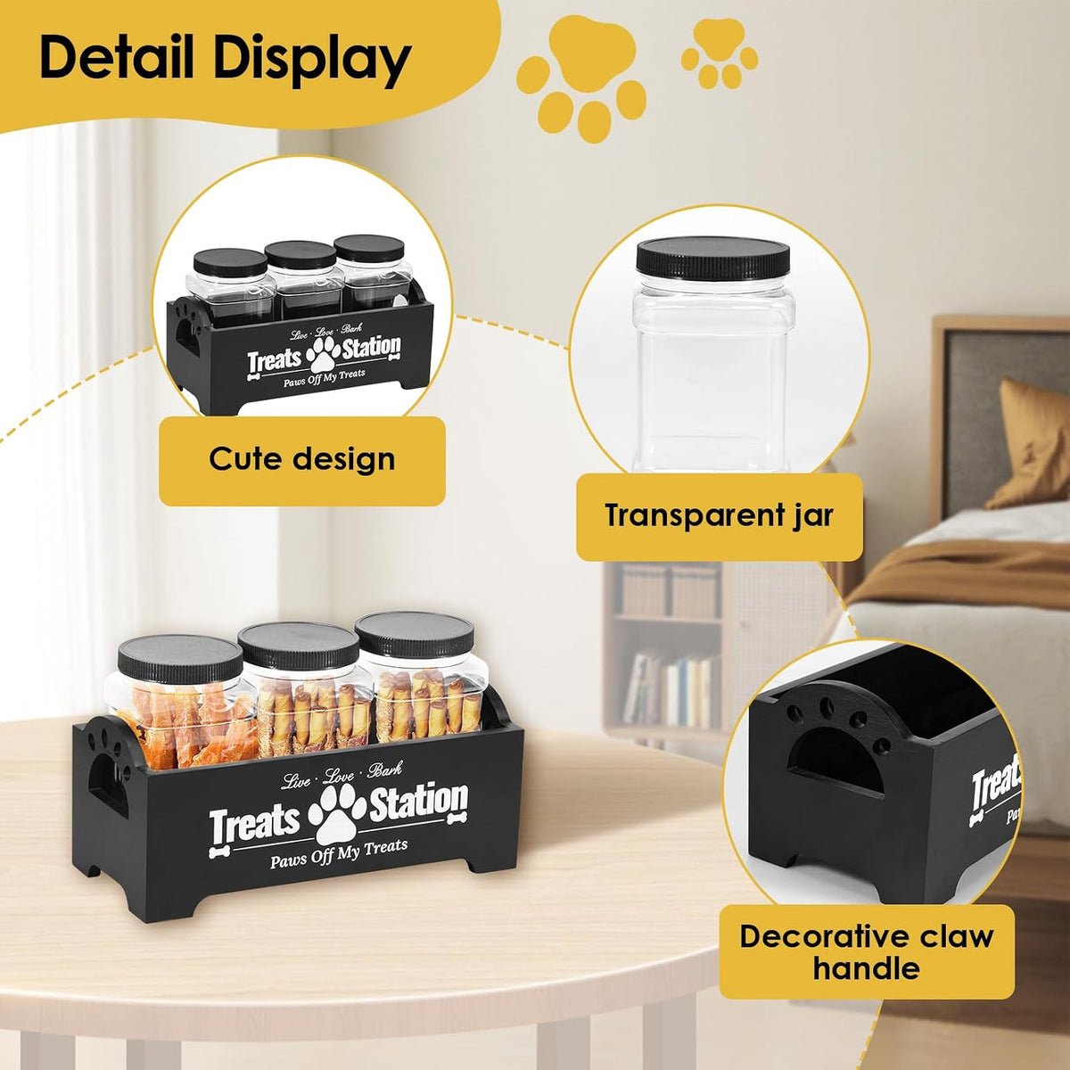 Dog Treat Container, Food Storage Container with 3 Plastic Dog Treat Jars, Reusable Cat Treat Container, Pet Treat Storage Organizer, Wood Dog Treat Holder, Dog Food Container for Dog Cat(Black)