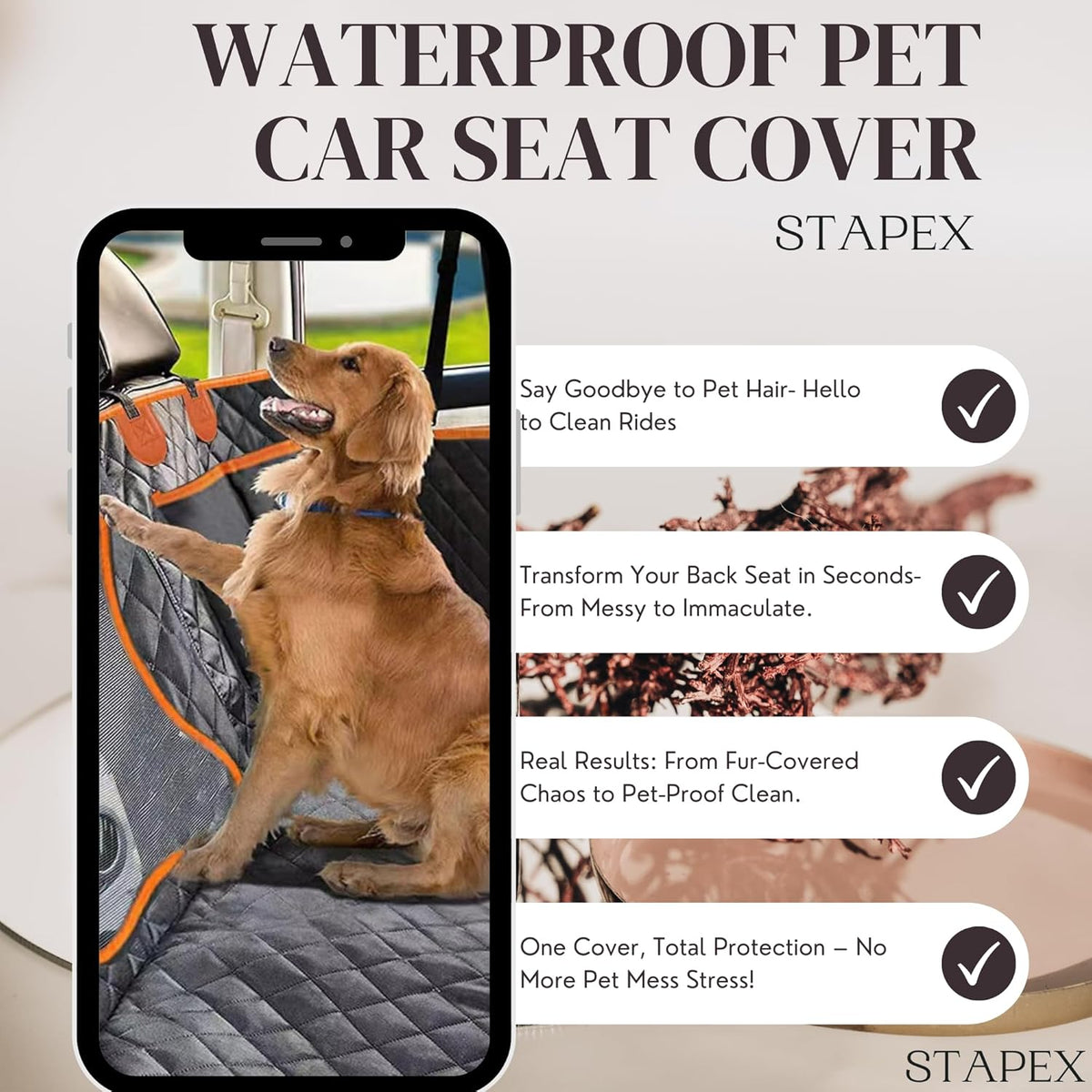 Waterproof Dog Car Seat Cover – Heavy-Duty 600D Oxford Cloth with PP Cotton, Non-Slip Net & PVC Coating | Black with Orange Edging | Scratch-Proof, Easy to Clean | Fits Cars, Suvs & Trucks