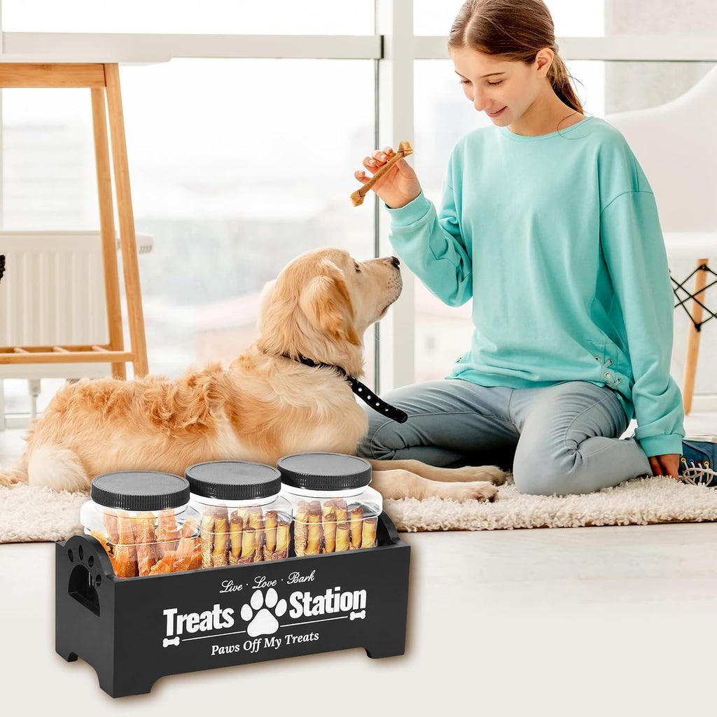 Dog Treat Container, Food Storage Container with 3 Plastic Dog Treat Jars, Reusable Cat Treat Container, Pet Treat Storage Organizer, Wood Dog Treat Holder, Dog Food Container for Dog Cat(Black)
