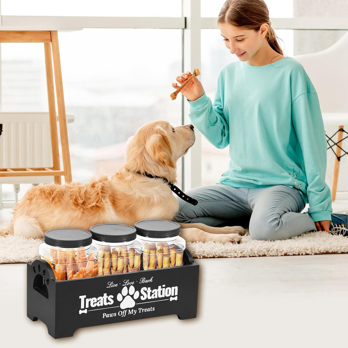 Dog Treat Container, Food Storage Container with 3 Plastic Dog Treat Jars, Reusable Cat Treat Container, Pet Treat Storage Organizer, Wood Dog Treat Holder, Dog Food Container for Dog Cat(Black)