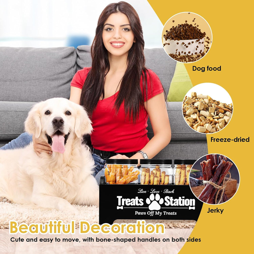 Dog Treat Container, Food Storage Container with 3 Plastic Dog Treat Jars, Reusable Cat Treat Container, Pet Treat Storage Organizer, Wood Dog Treat Holder, Dog Food Container for Dog Cat(Black)