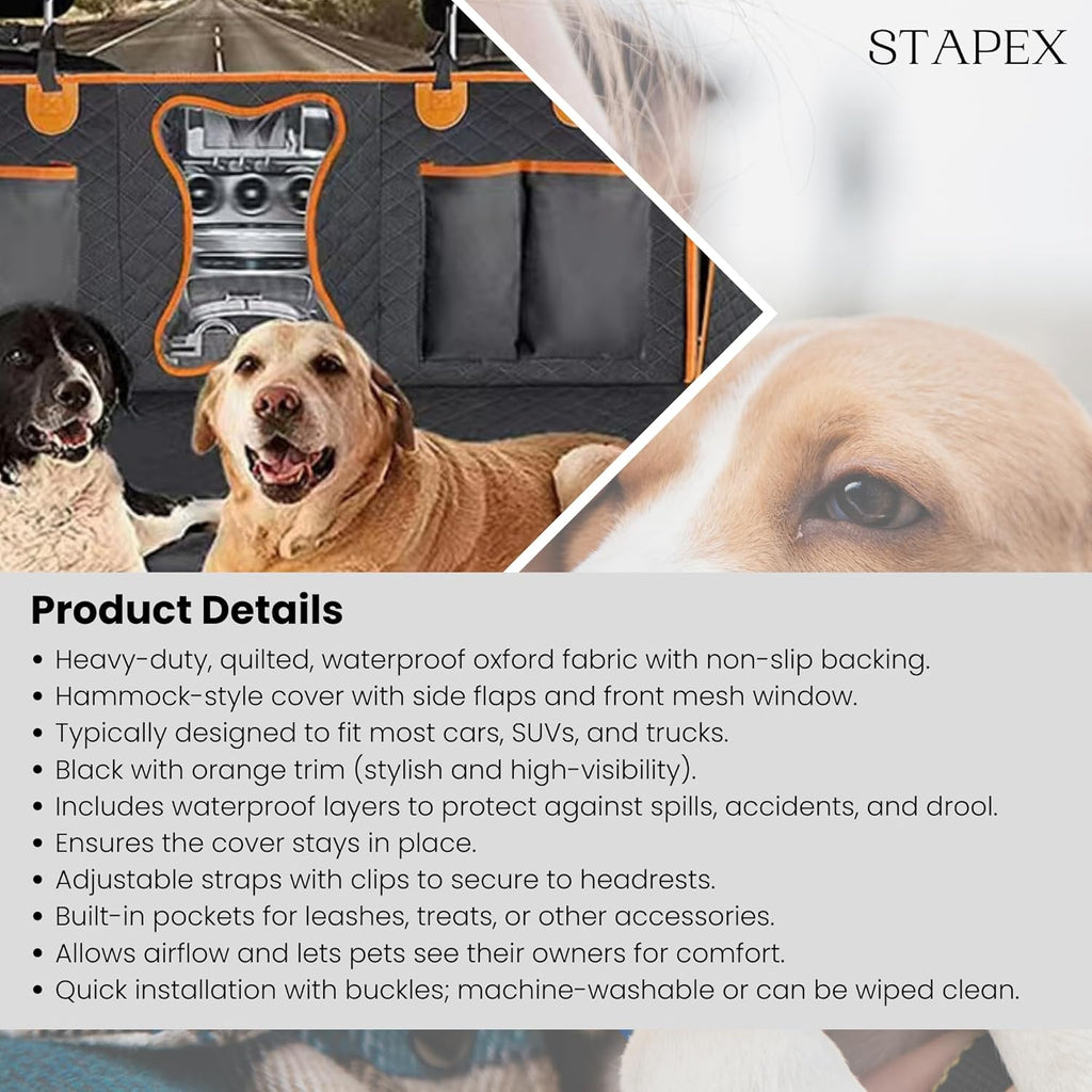 Waterproof Dog Car Seat Cover – Heavy-Duty 600D Oxford Cloth with PP Cotton, Non-Slip Net & PVC Coating | Black with Orange Edging | Scratch-Proof, Easy to Clean | Fits Cars, Suvs & Trucks