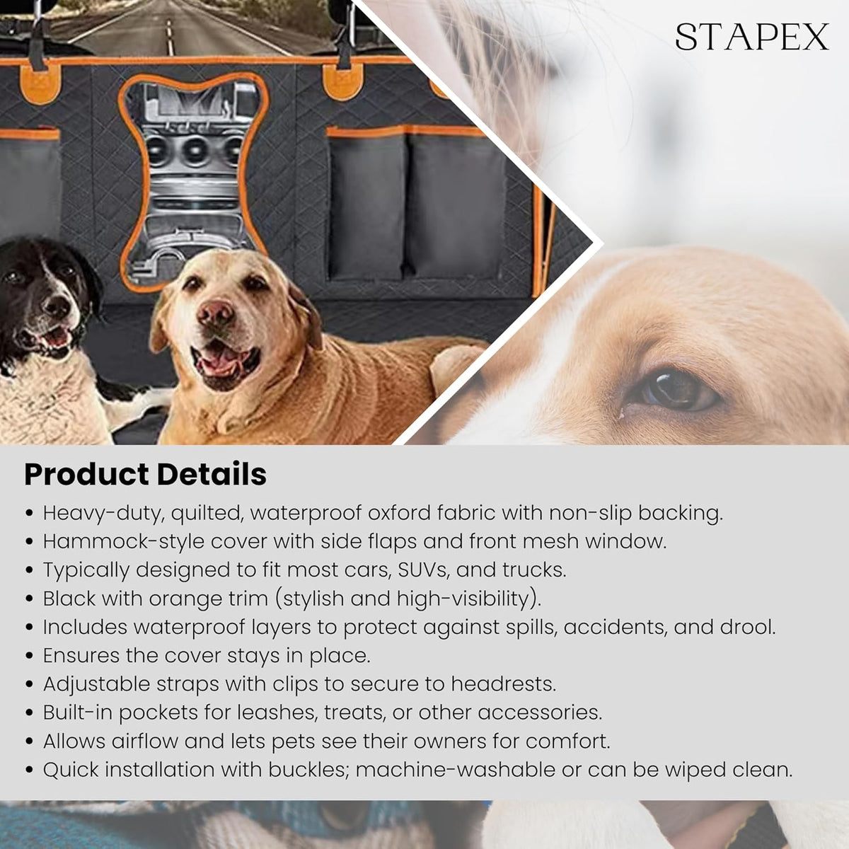 Waterproof Dog Car Seat Cover – Heavy-Duty 600D Oxford Cloth with PP Cotton, Non-Slip Net & PVC Coating | Black with Orange Edging | Scratch-Proof, Easy to Clean | Fits Cars, Suvs & Trucks