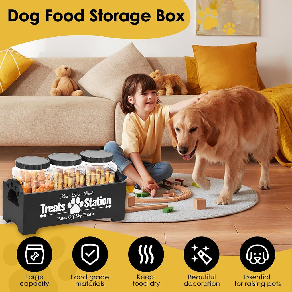 Dog Treat Container, Food Storage Container with 3 Plastic Dog Treat Jars, Reusable Cat Treat Container, Pet Treat Storage Organizer, Wood Dog Treat Holder, Dog Food Container for Dog Cat(Black)