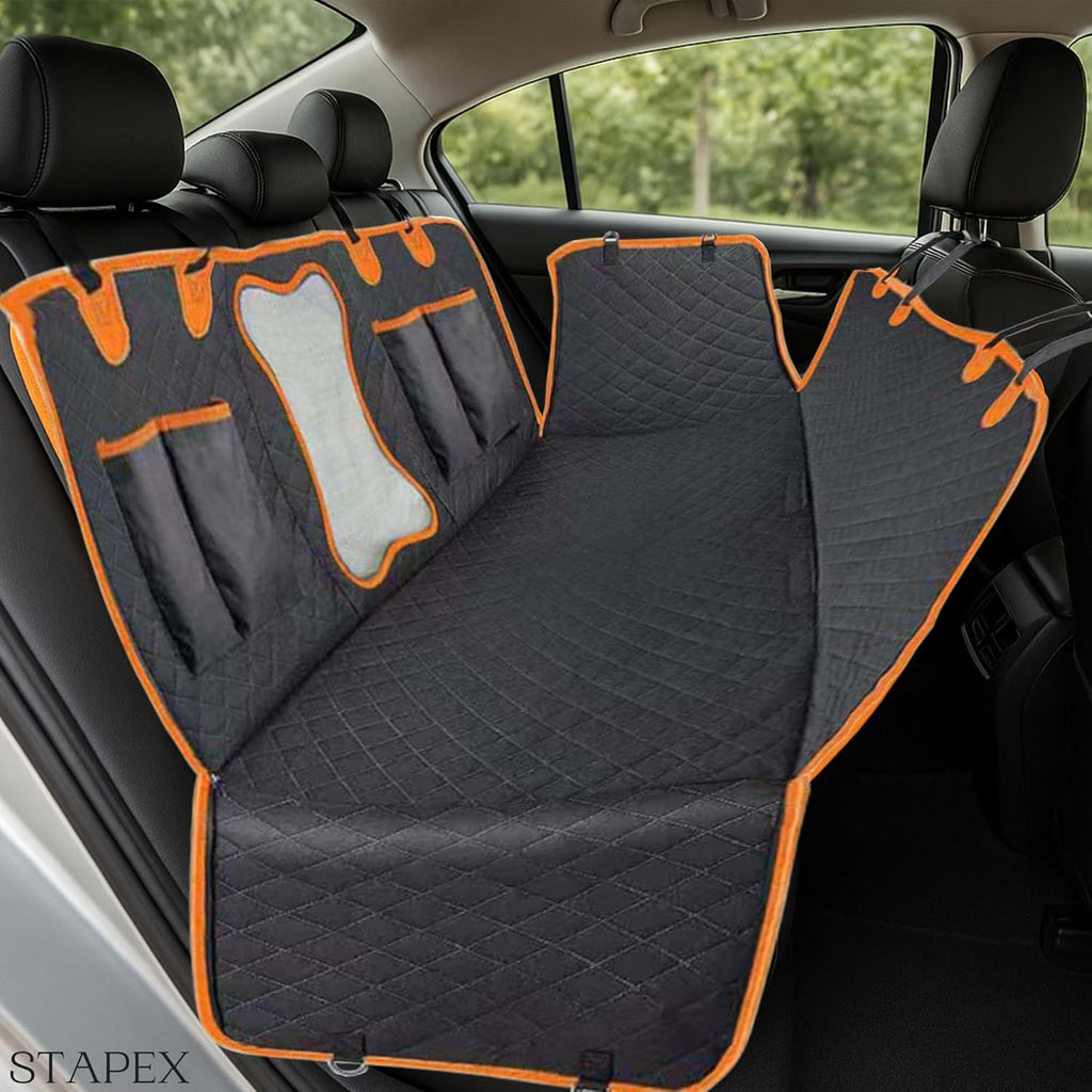 Waterproof Dog Car Seat Cover – Heavy-Duty 600D Oxford Cloth with PP Cotton, Non-Slip Net & PVC Coating | Black with Orange Edging | Scratch-Proof, Easy to Clean | Fits Cars, Suvs & Trucks