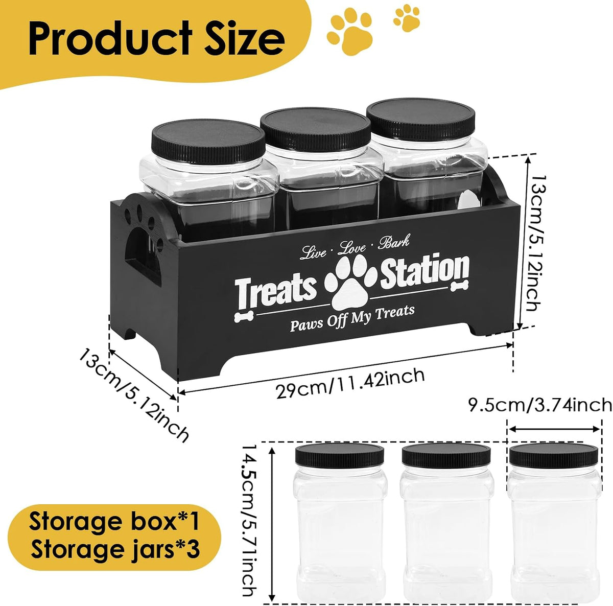 Dog Treat Container, Food Storage Container with 3 Plastic Dog Treat Jars, Reusable Cat Treat Container, Pet Treat Storage Organizer, Wood Dog Treat Holder, Dog Food Container for Dog Cat(Black)