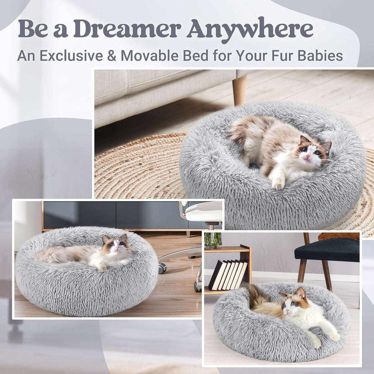 Premium Plush Donut Cat Bed – Soft Self-Warming Cuddler Cushion with Non-Slip Base | Machine Washable & Calming Comfort for Indoor Cats, Kittens & Small Dogs