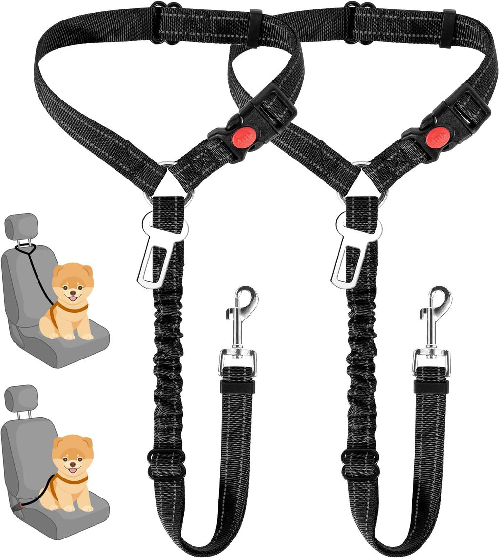 2 Pack Dog Seat Belts for Cars, Adjustable Pet Car Safety Harness with Headrest Restraint & Seatbelt Clip, Reflective Elastic Dog Travel Belt