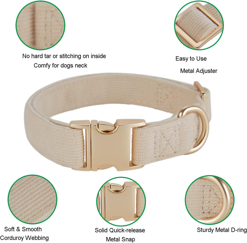 Dog Collar and Lead Set Large,Soft Non-Irritant Corduroy Collar Leash Matching Combo for Daily Walking,Cream White