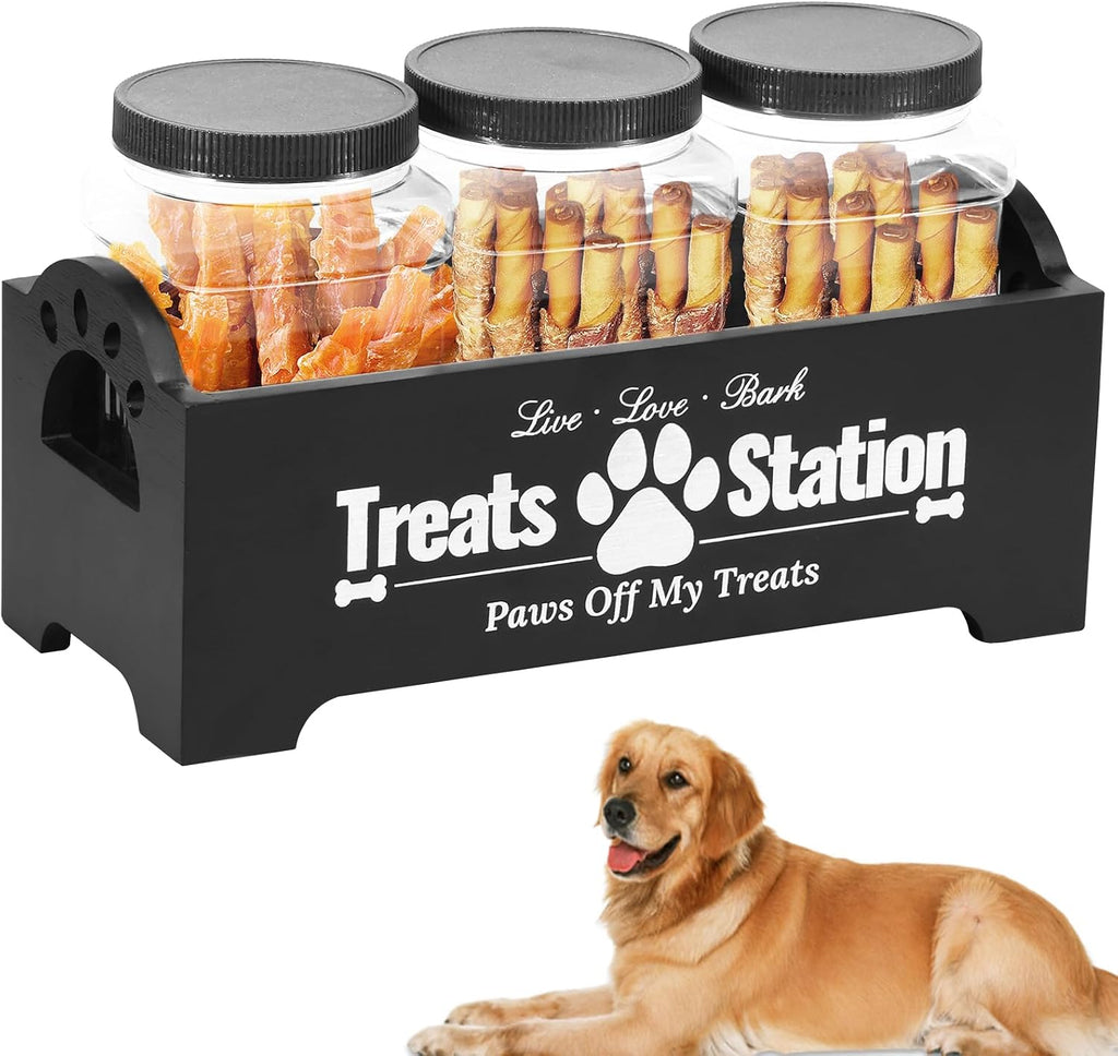 Dog Treat Container, Food Storage Container with 3 Plastic Dog Treat Jars, Reusable Cat Treat Container, Pet Treat Storage Organizer, Wood Dog Treat Holder, Dog Food Container for Dog Cat(Black)