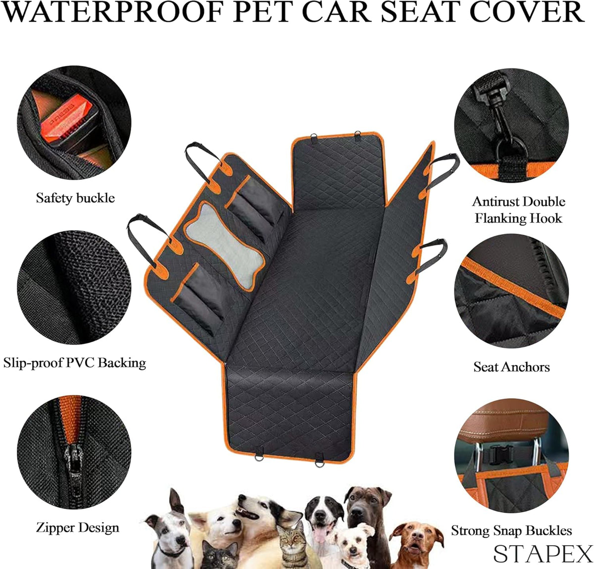 Waterproof Dog Car Seat Cover – Heavy-Duty 600D Oxford Cloth with PP Cotton, Non-Slip Net & PVC Coating | Black with Orange Edging | Scratch-Proof, Easy to Clean | Fits Cars, Suvs & Trucks