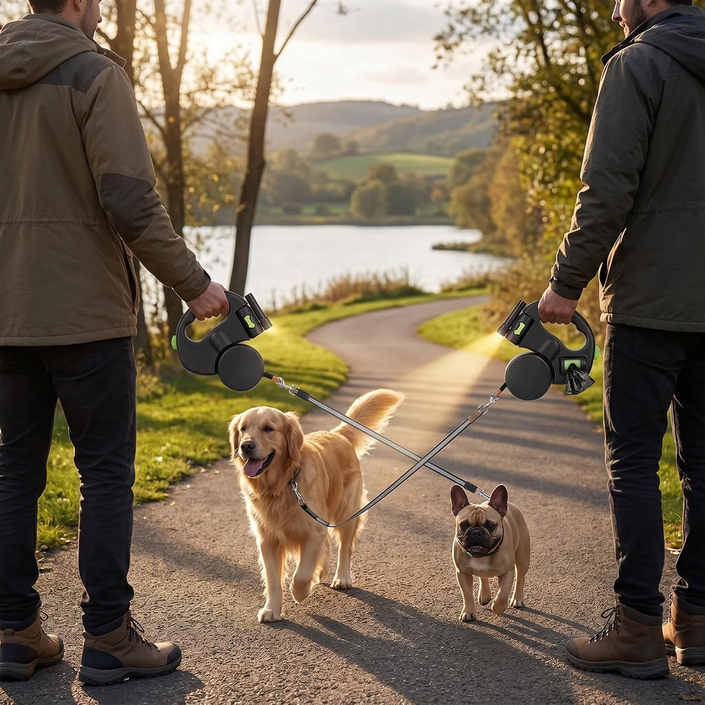Automatic Retractable Pet Leash, 1 Tow 2 Retractable Double Dog Leash for Small Medium Dogs Cats up to 55Lb Walking Leash with Flashlight and Bag Dispenser