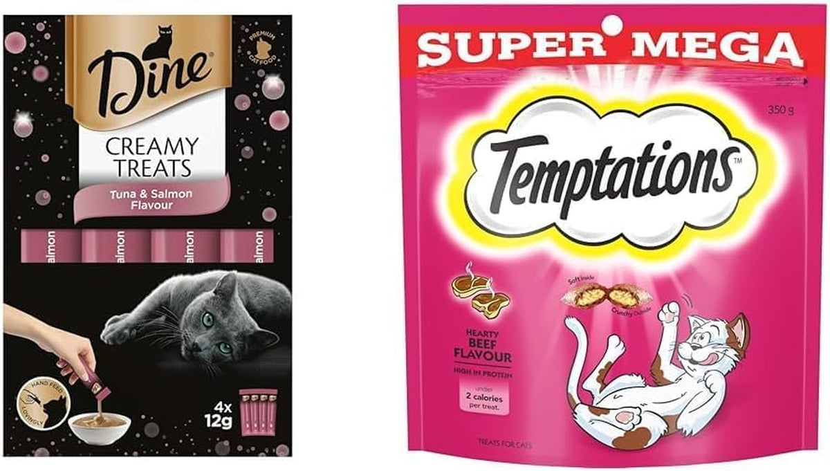 Creamy Treats Cat Treats, Tuna and Salmon Flavour, 32 X 12G Sachets (32 Sachets) and Temptations Super Mega Cat Treat Hearty Beef 350G Bag - Bundle Pack