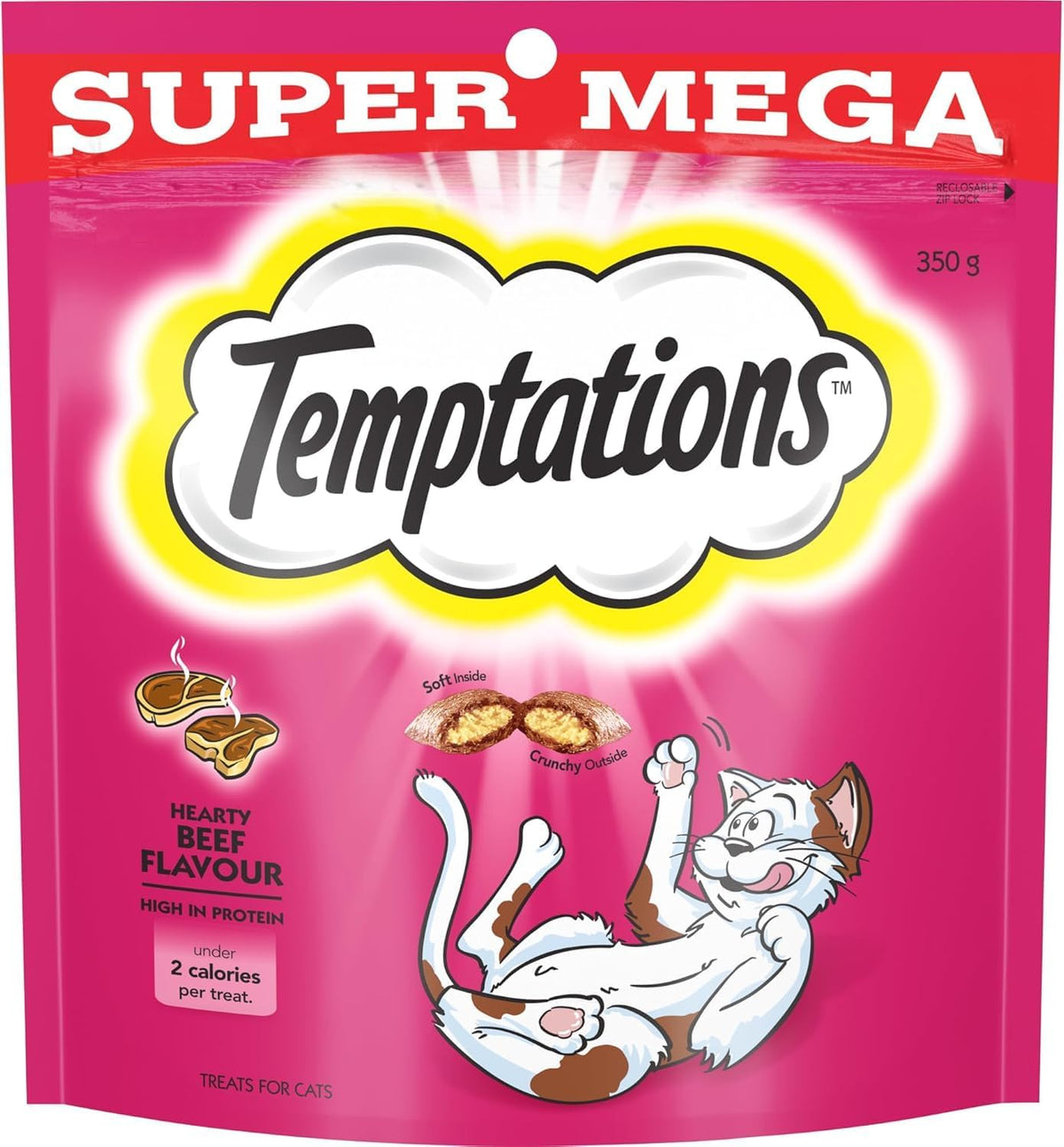 Creamy Treats Cat Treats, Tuna and Salmon Flavour, 32 X 12G Sachets (32 Sachets) and Temptations Super Mega Cat Treat Hearty Beef 350G Bag - Bundle Pack