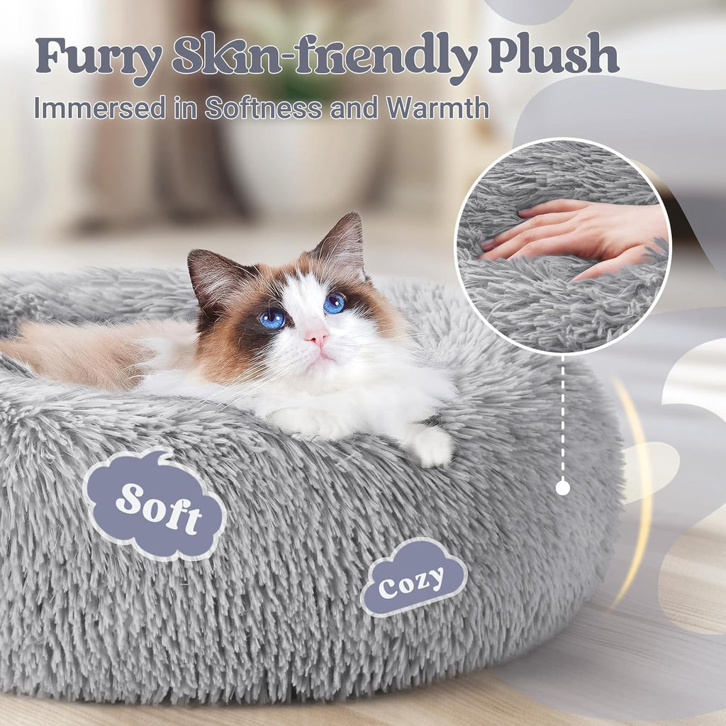 Premium Plush Donut Cat Bed – Soft Self-Warming Cuddler Cushion with Non-Slip Base | Machine Washable & Calming Comfort for Indoor Cats, Kittens & Small Dogs