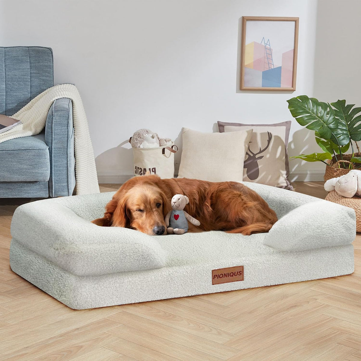 Orthopaedic Dog Bed for Large Dog Bed, L Washable Dog Bed, Sofa Beds for Medium, Large Dogs, Pet Bed with Removable Cover, Orthopaedic Chew Proof Dog Bed with Warm Mattress Cushion, White