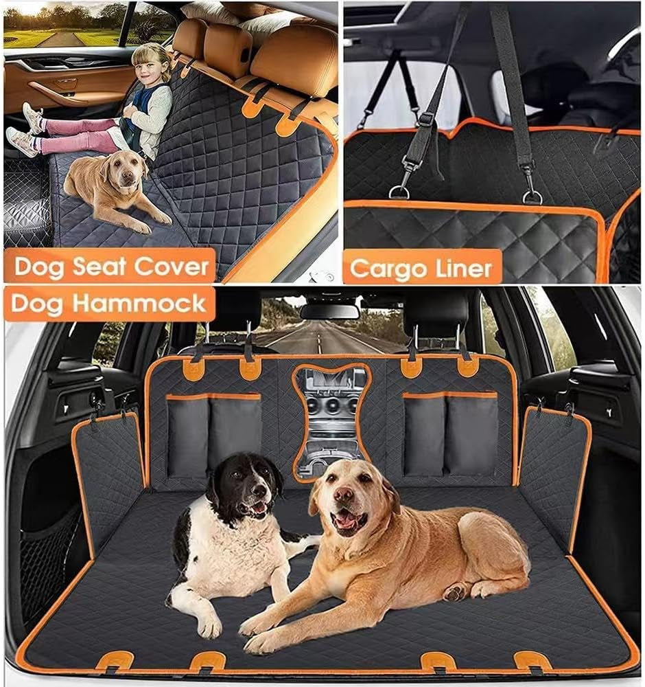 Waterproof Dog Car Seat Cover – Heavy-Duty 600D Oxford Cloth with PP Cotton, Non-Slip Net & PVC Coating | Black with Orange Edging | Scratch-Proof, Easy to Clean | Fits Cars, Suvs & Trucks