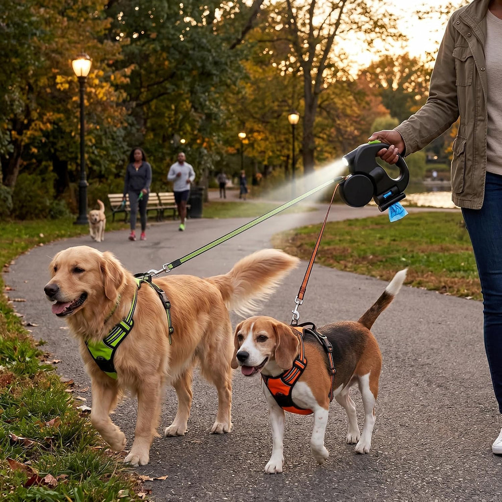 Automatic Retractable Pet Leash, 1 Tow 2 Retractable Double Dog Leash for Small Medium Dogs Cats up to 55Lb Walking Leash with Flashlight and Bag Dispenser