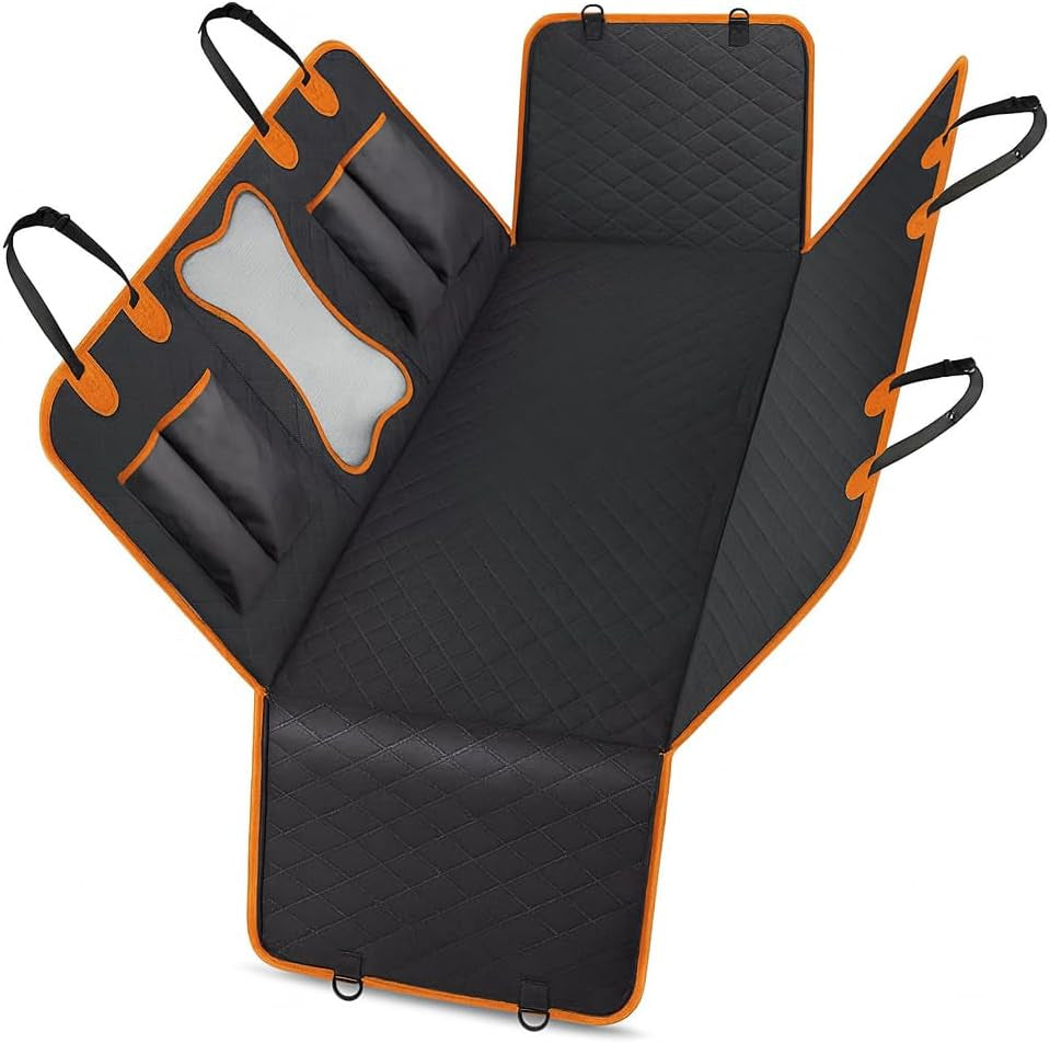 Waterproof Dog Car Seat Cover – Heavy-Duty 600D Oxford Cloth with PP Cotton, Non-Slip Net & PVC Coating | Black with Orange Edging | Scratch-Proof, Easy to Clean | Fits Cars, Suvs & Trucks