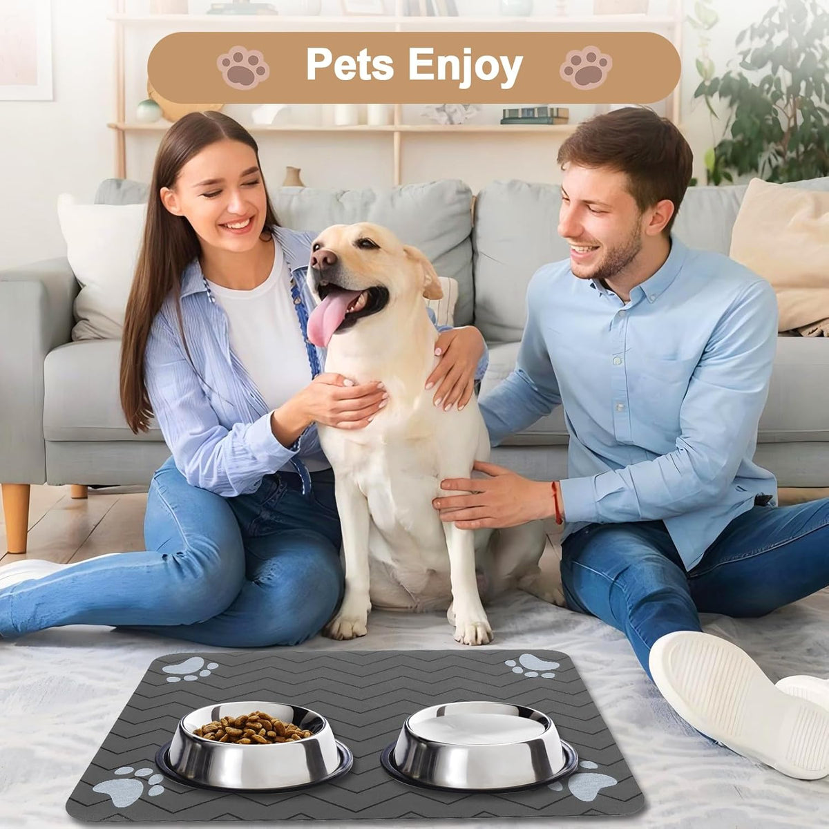 Dog Food Mat Cat Food Mat Dog Feeding Mat Rubber Absorbent Dog Bowl Mat Quick Dry Cat Eating Drinking Mat Pet Mat for Dog Bowl & Cat Food (Dark Grey (1 Pack), 40 X 60Cm)